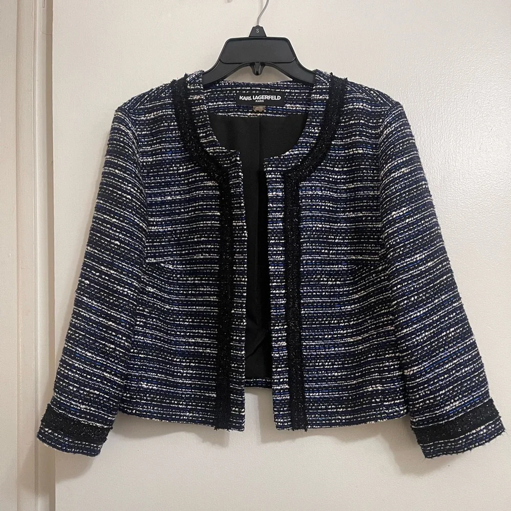 Karl Lagerfeld Open Front Blazer Blue Collarless Size Large - Picture 3 of 6